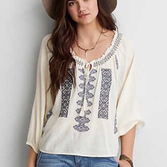 American Eagle Outfitters Tops - 🔸 American Eagle Embroidered Peasant Shirt. S